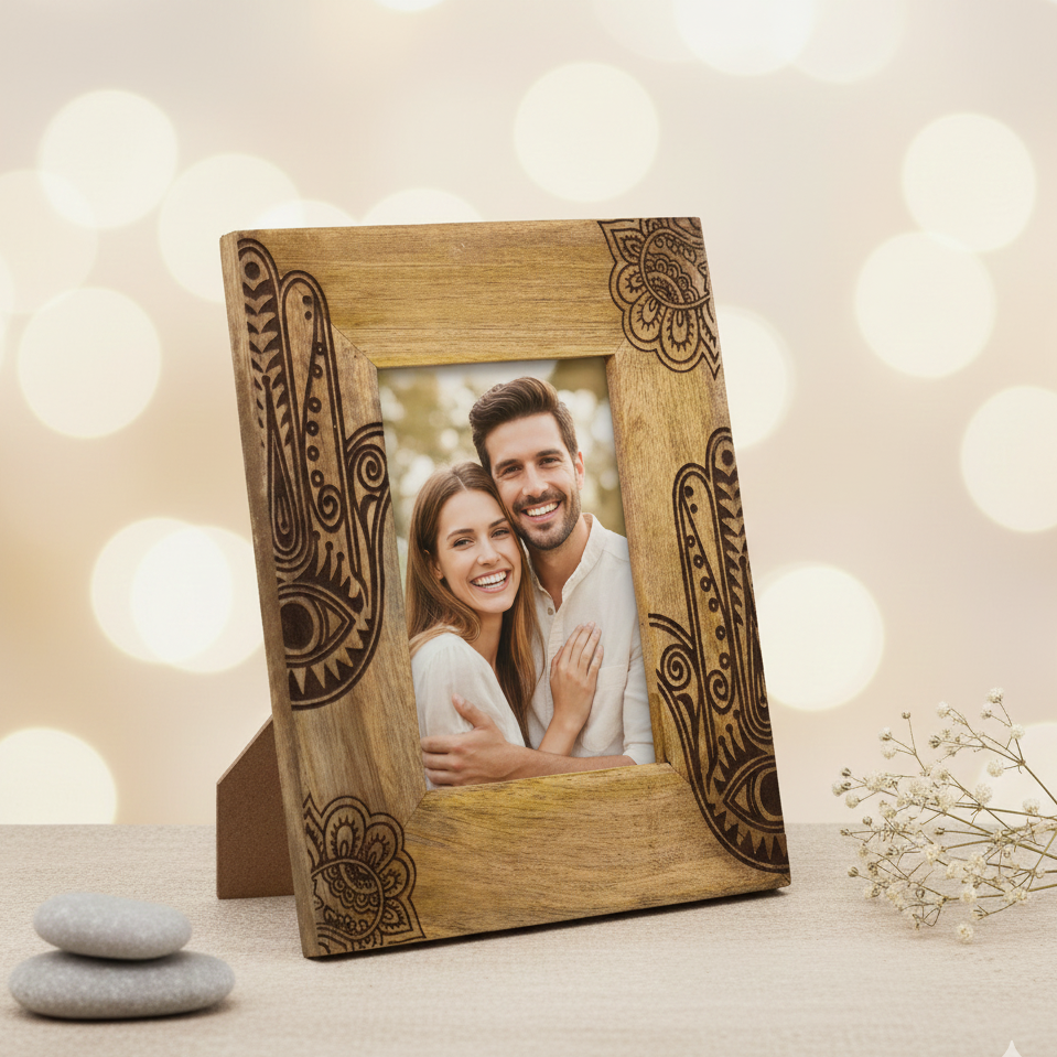 Marco de fotos Hamsa negro de madera de mango 13x18 cm estilo boho protector