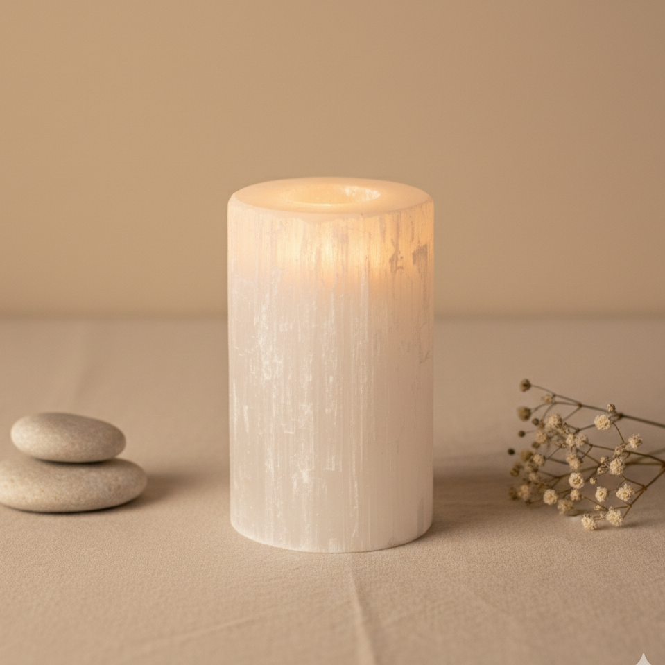 Portavelas Candelabro de Selenita Cilíndrico 15 cm Luz Purificadora