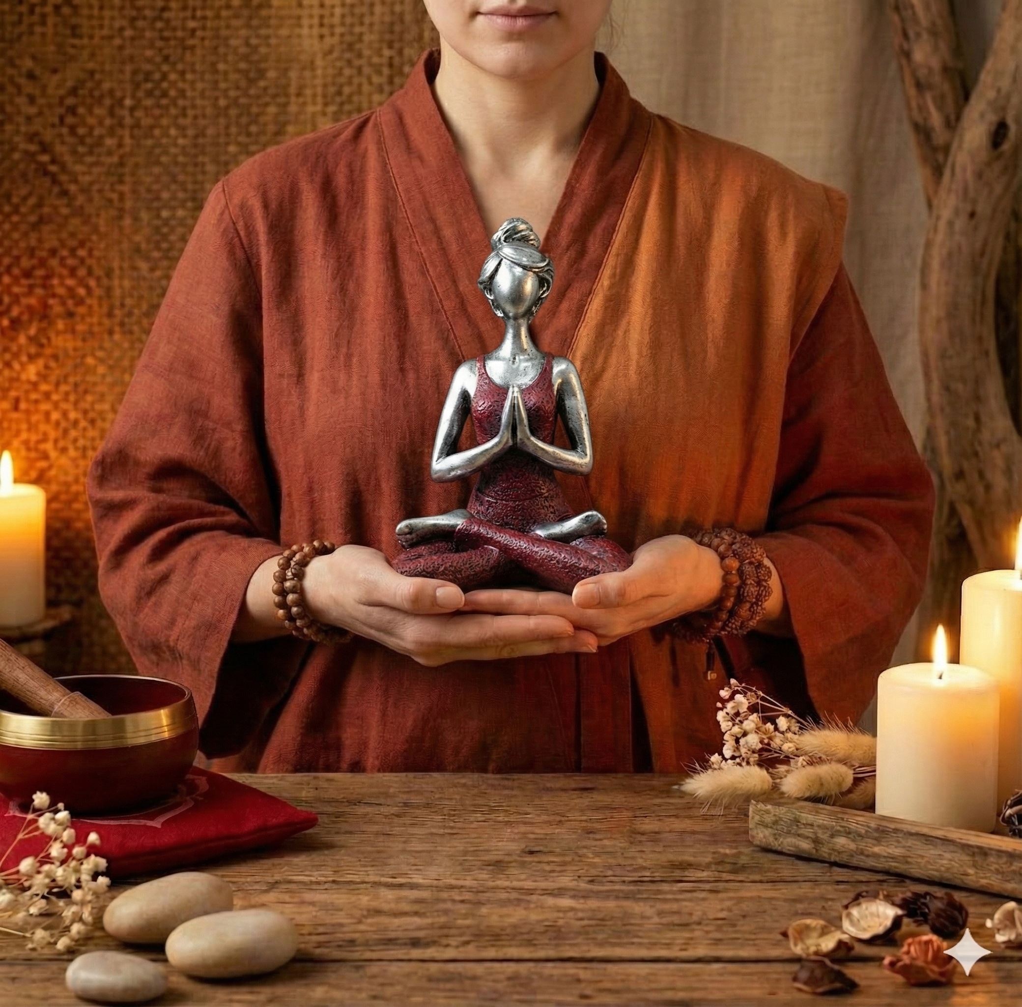 Figura femenina de yoga plata y burdeos 24 cm de resina hecha a mano en Indonesia