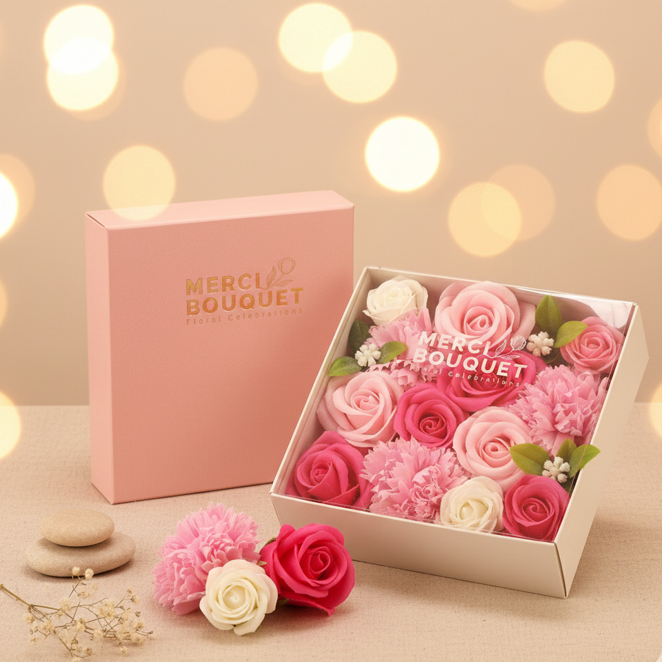 Caja regalo flores de jabón rosas rosa y blanco