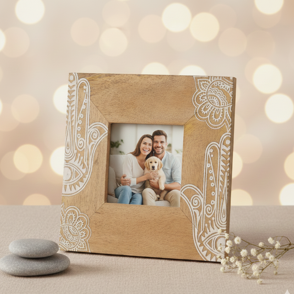 Marco pequeño Hamsa blanco de madera de mango 10x10 cm decoración protectora y zen