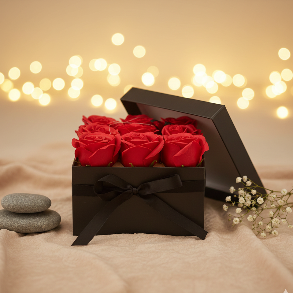 Caja cuadrada negra con 9 rosas de jabón rojas para baño romántico y regalo elegante
