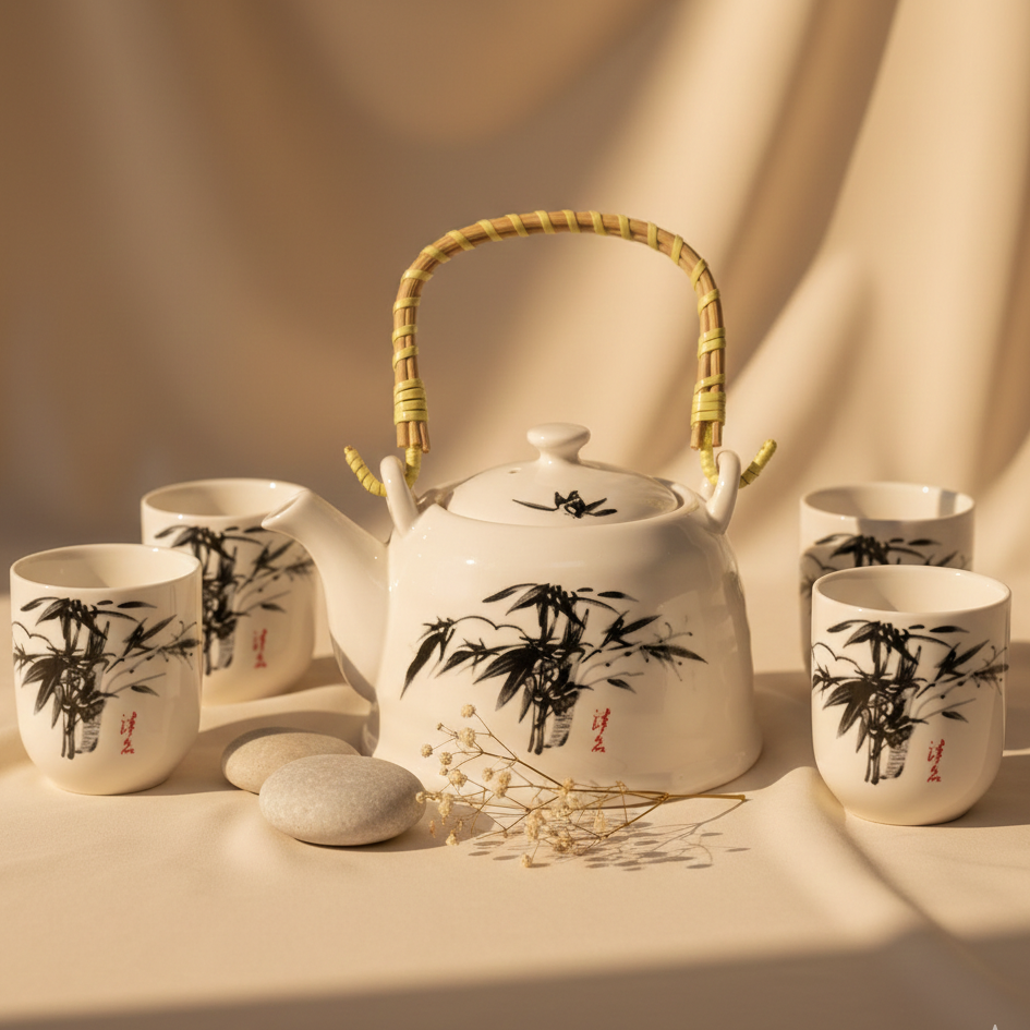 Set de tetera oriental de cerámica Piedra Azul con 6 tazas