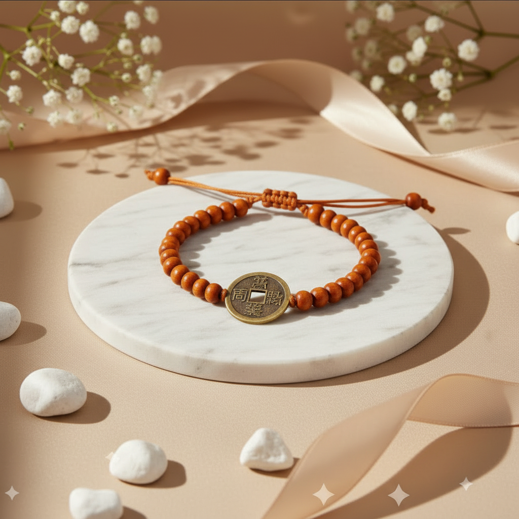Pulsera Feng Shui de buena suerte anaranjada con cuentas de madera y monedas chinas