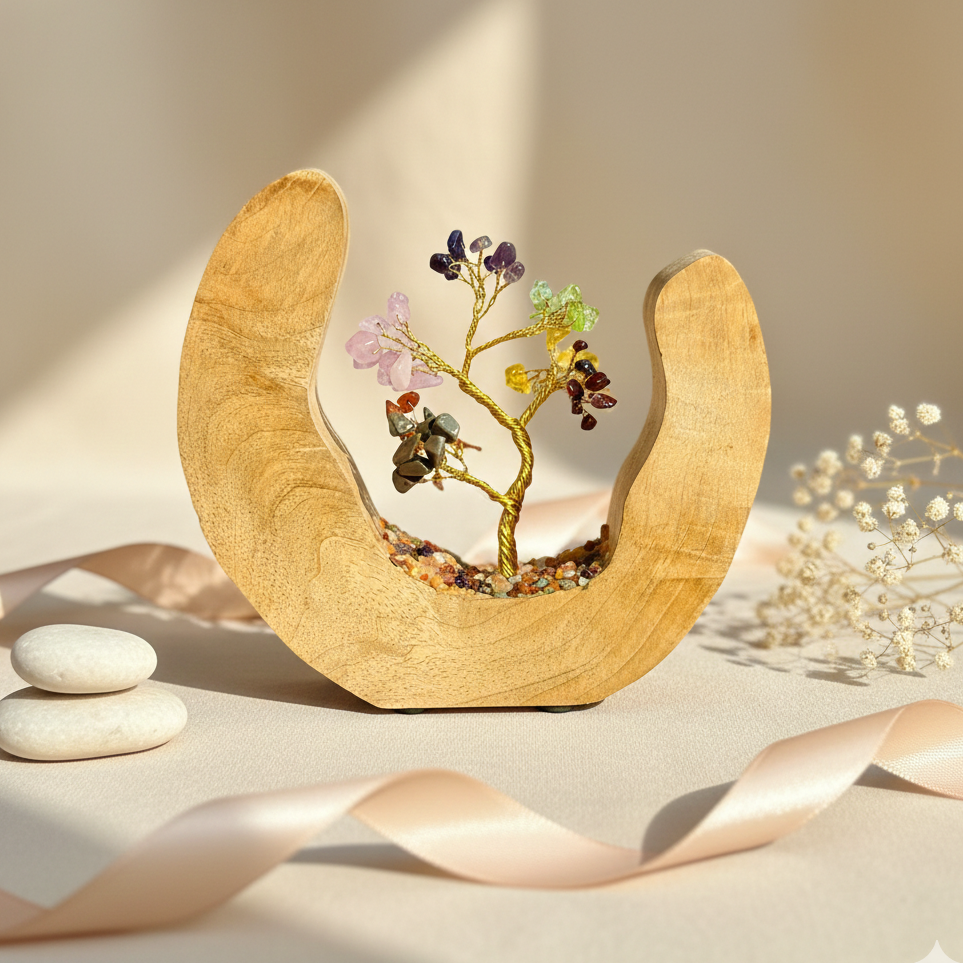 Jardín Árbol de Gemas 7 Chakras en Anillo de Madera de Mango – 60 Piedras Naturales