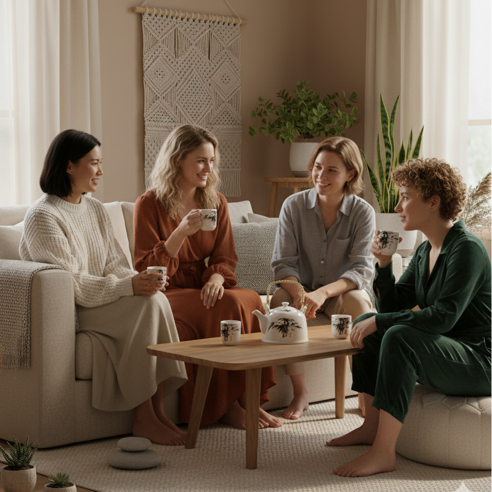 Set de tetera oriental de cerámica Piedra Azul con 6 tazas