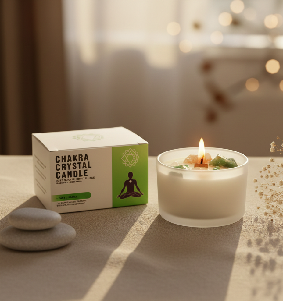 Vela de cristal chakra del corazón Anahata con cuarzo rosa y jade en cera de soja