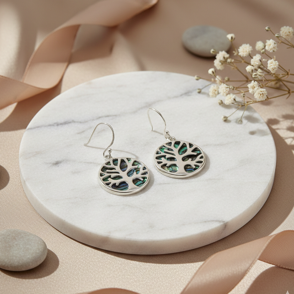 Pendientes de plata Árbol de la Vida con abulón 15 mm