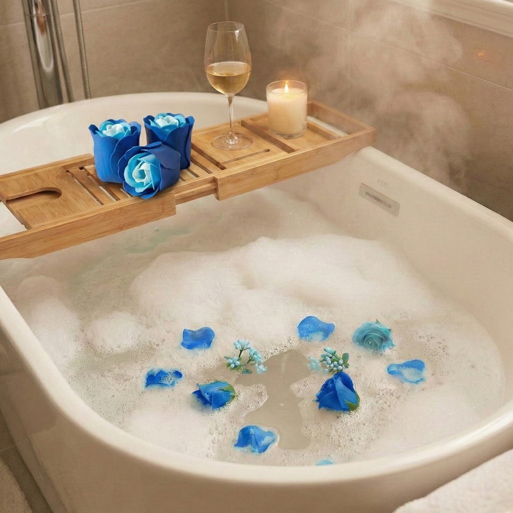 Set de 3 rosas de jabón azules en caja corazón para baño y regalo romántico