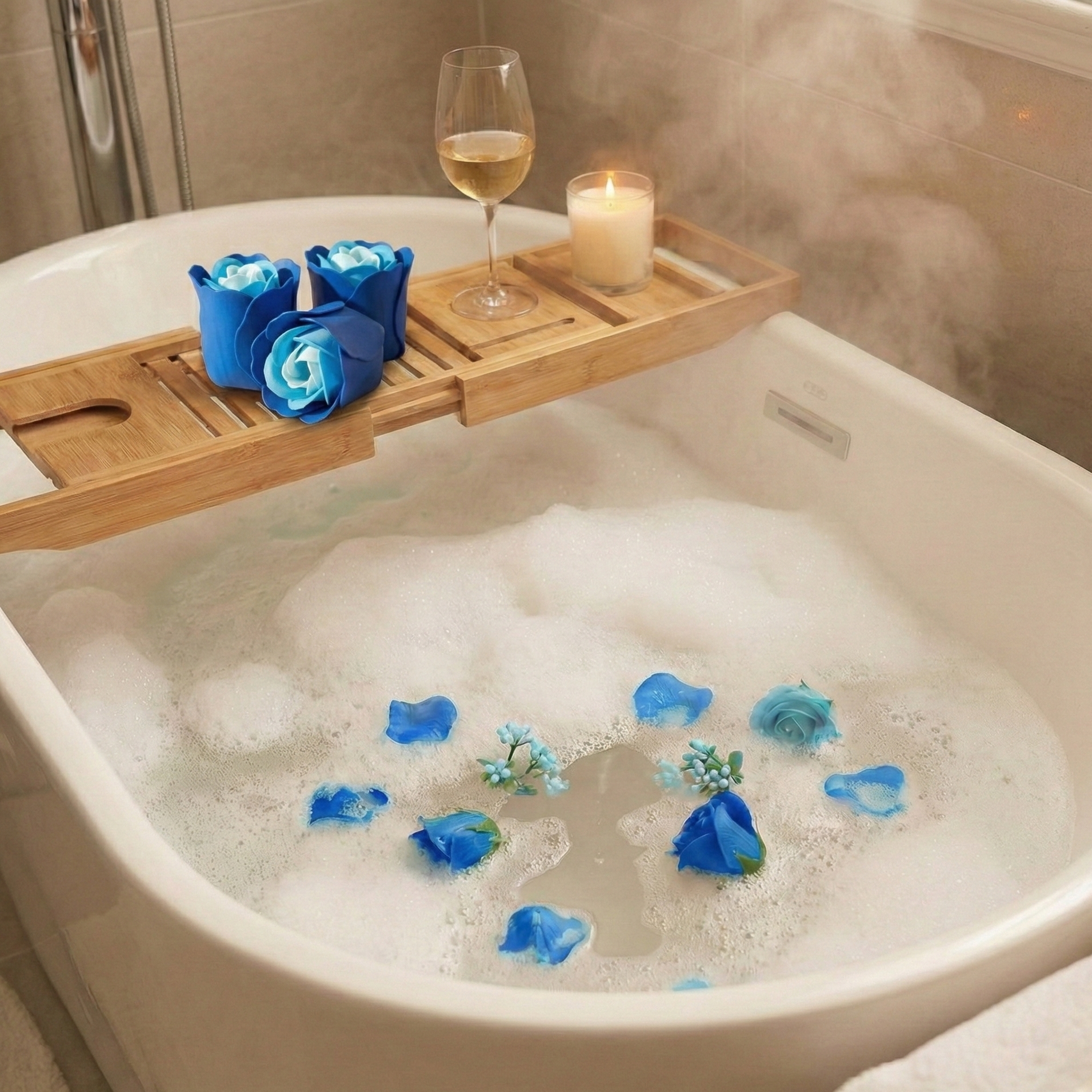 Set de 3 rosas de jabón azules en caja corazón para baño y regalo romántico