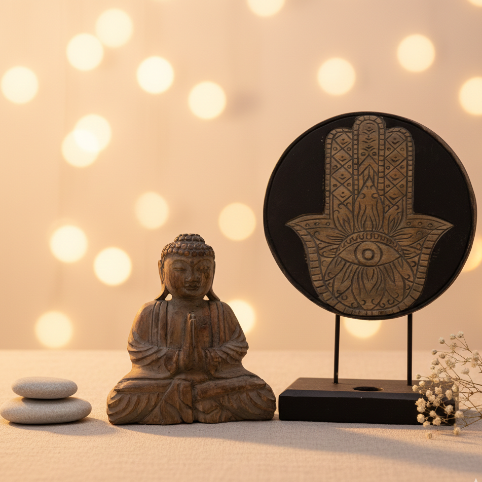 Set Feng Shui Buda y Hamsa gris de madera sostenible