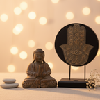 Set Feng Shui Buda y Hamsa gris de madera sostenible