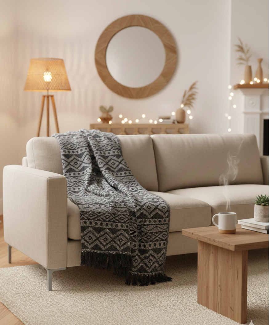 Manta Boho Confort gris geométrica hecha a mano y 100% algodón 125x150 cm