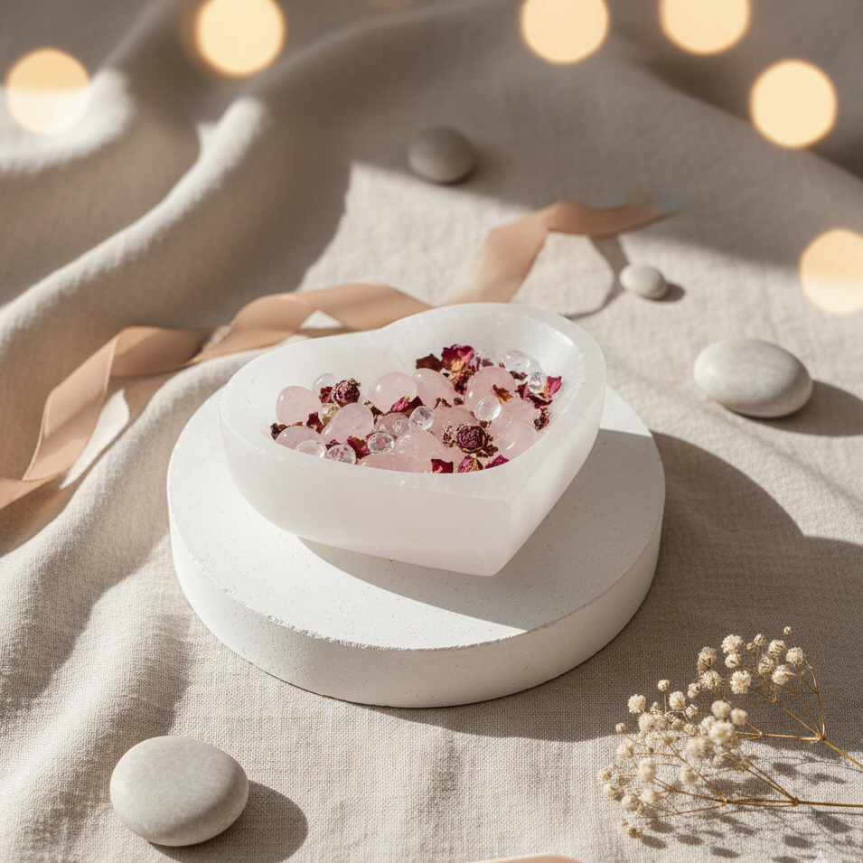 Cuenco corazón de selenita 10 cm para cristales y rituales de amor propio
