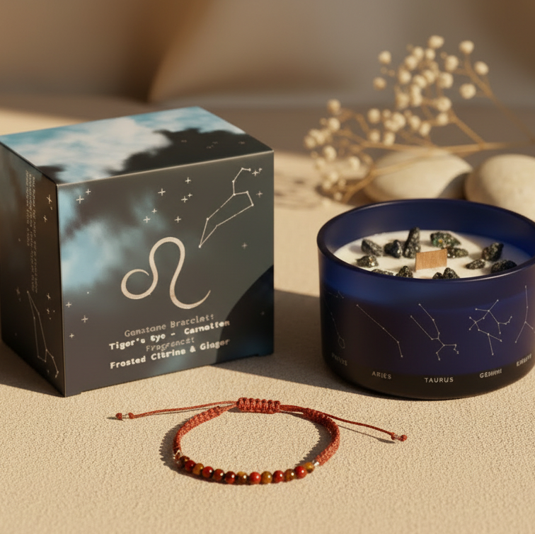 Vela de cristal del zodiaco Leo de soja con pulsera de piedras preciosas