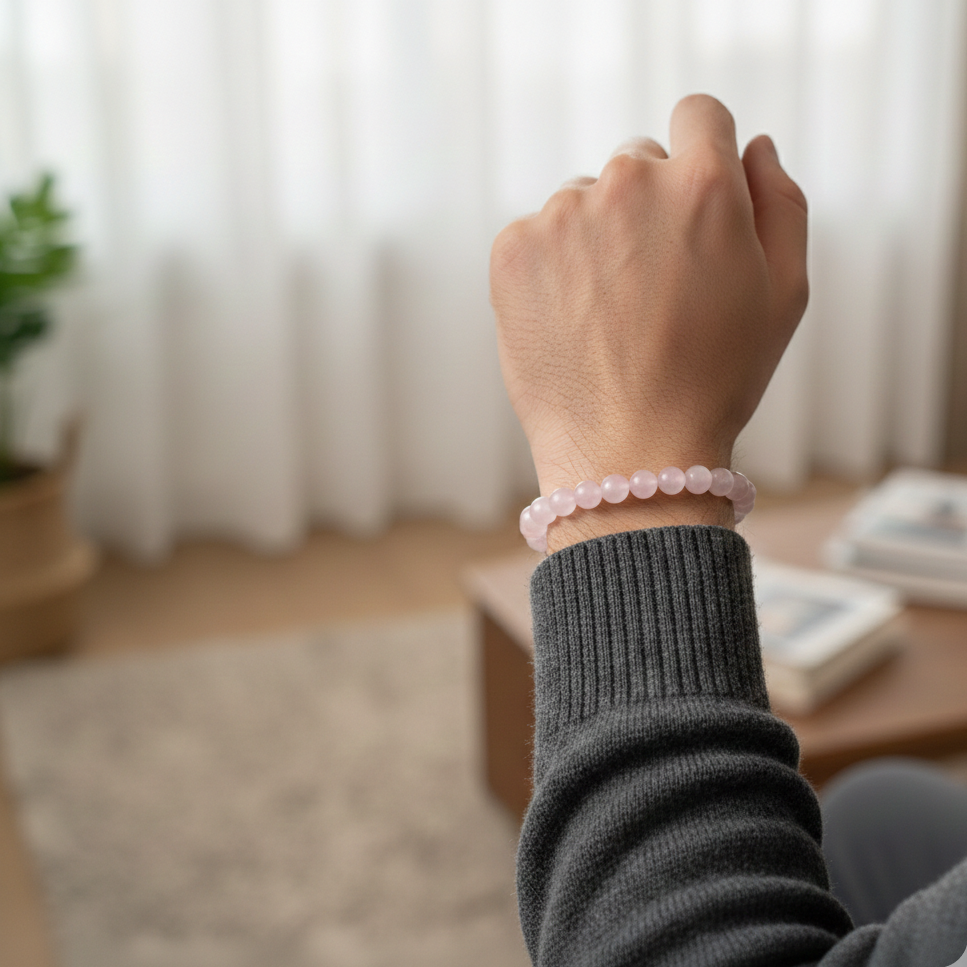 Brazalete de cuarzo rosa para amor propio y reconciliación