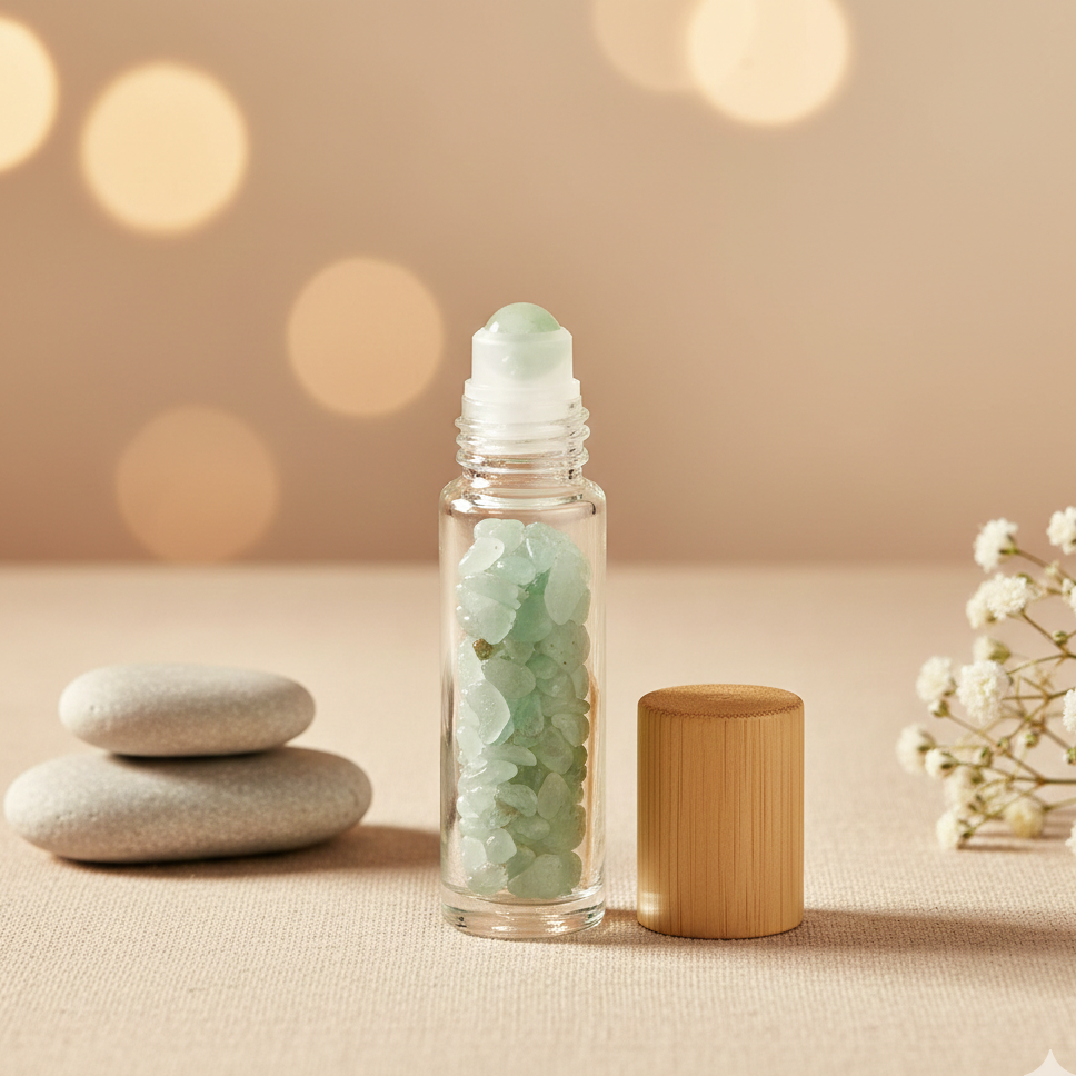 Botella roll on con piedras preciosas Aventurina tapa de madera 10 ml