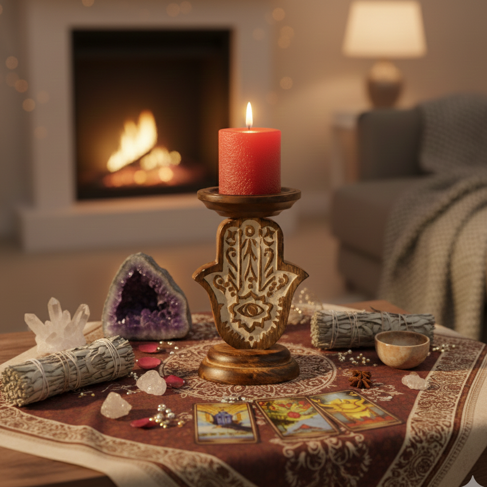 Candelabro Hamsa de madera de mango 18 cm para velas y altares de protección