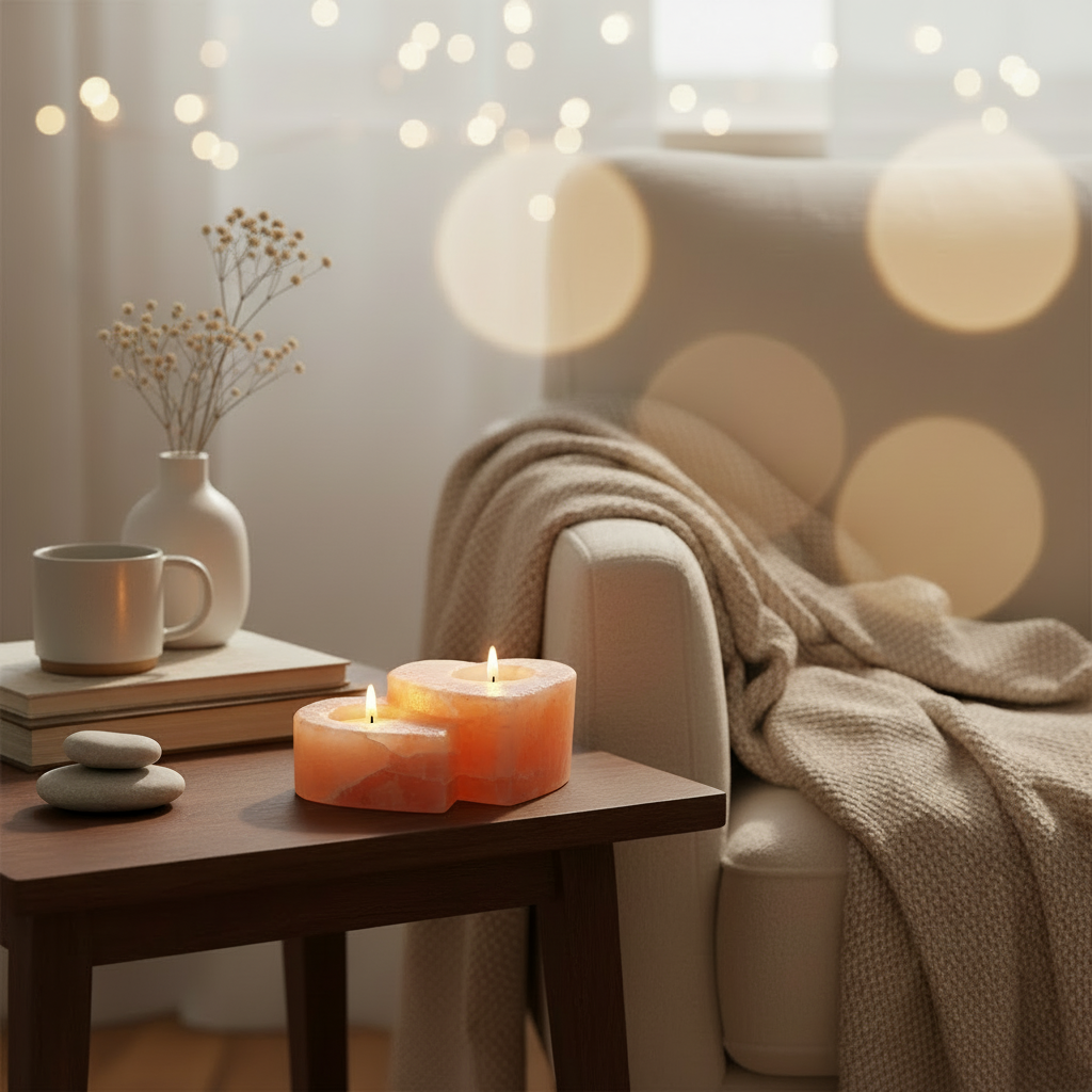 Portavelas de sal rosa doble corazón 1 kg para regalo y rincón de calma