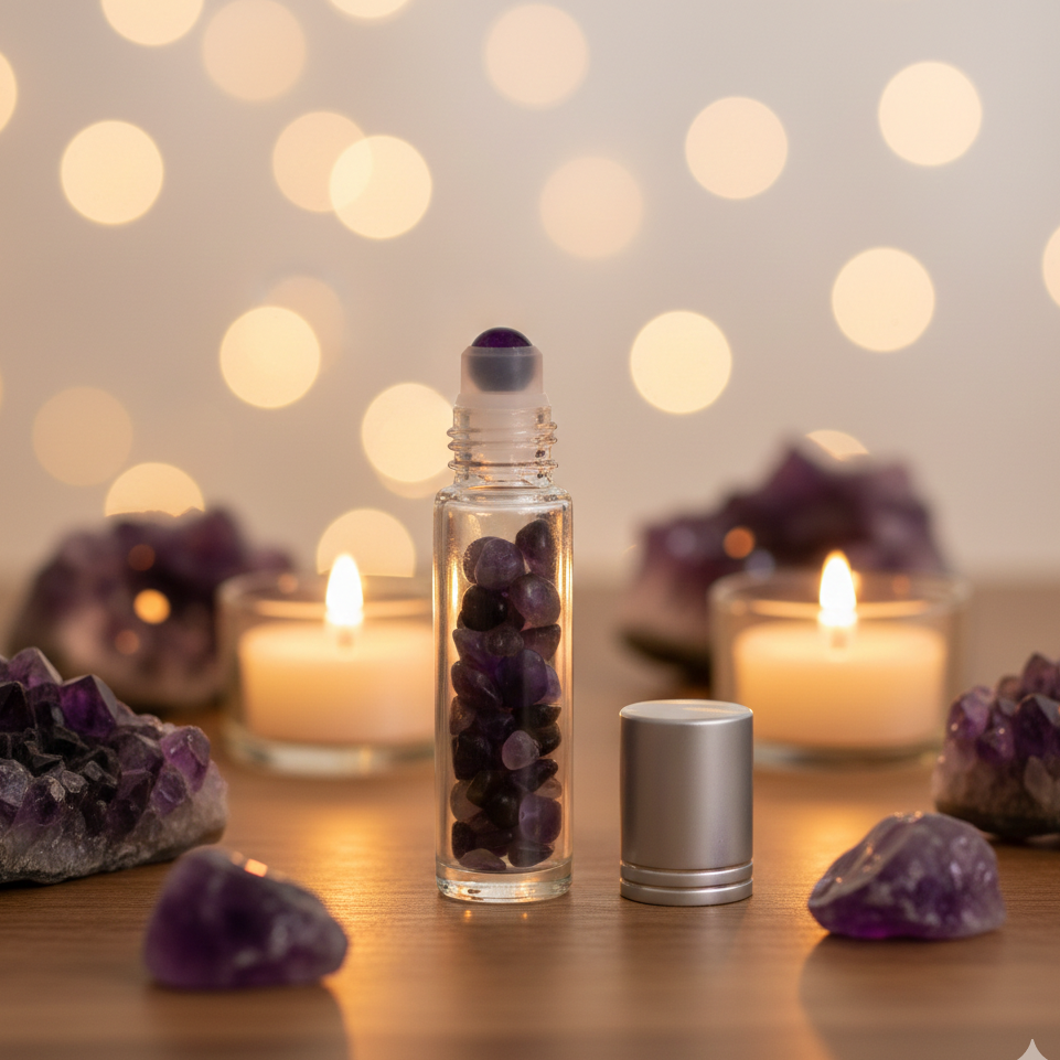 Botella roll on de cristal con gemas de amatista para aceites esenciales – tapa plateada