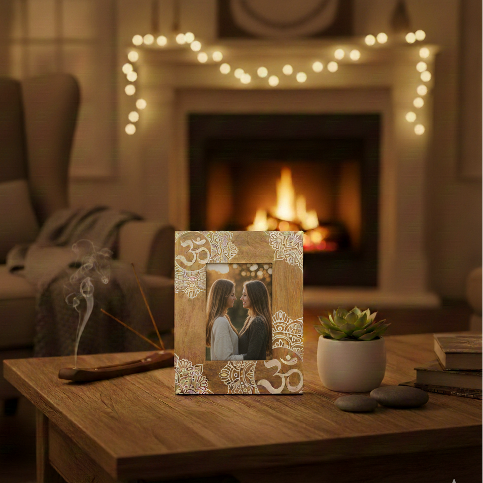 Marco de fotos mandala blanco de madera de mango 13x18 cm decoración zen y espiritual