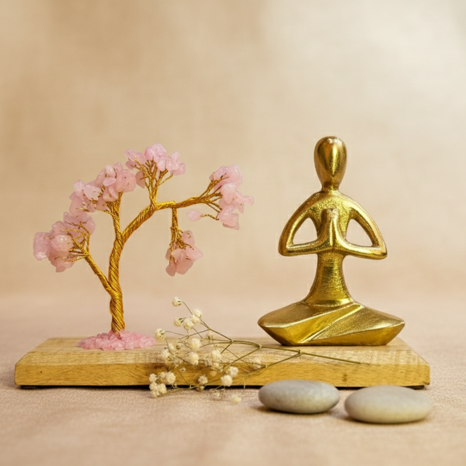 Jardín de yoga con piedras preciosas – Árbol inclinado de cuarzo rosa y figura Namaste