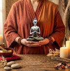 Figura femenina de yoga plata y oro 24 cm de resina hecha a mano en Indonesia