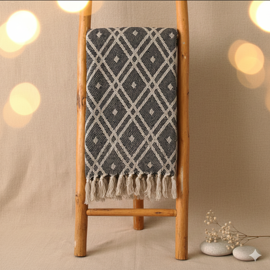 Manta boho de algodón negro y beige Regency 125x150 cm