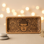Bandeja de madera de mango larga con cara de Buda negra 30x15 cm para altar, cristales y decoración zen