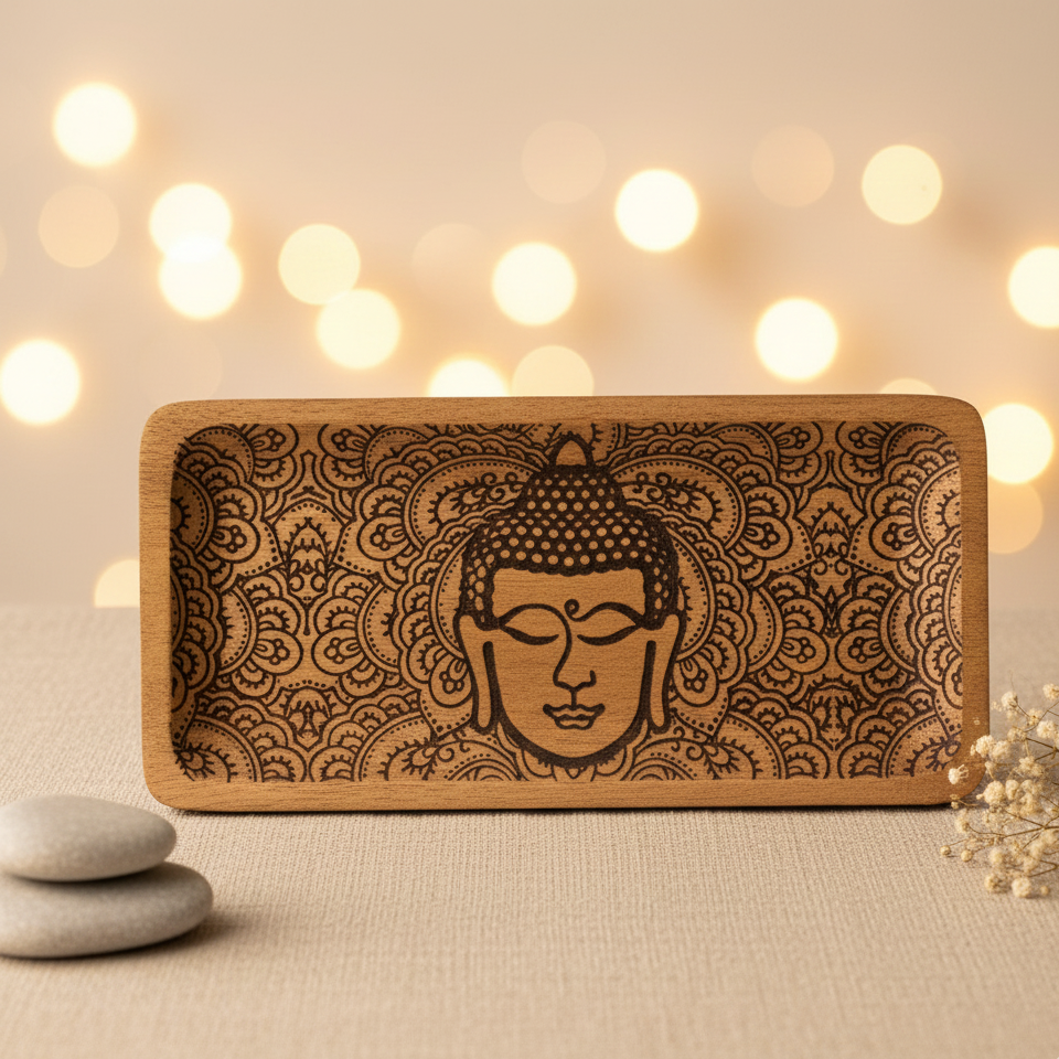 Bandeja de madera de mango larga con cara de Buda negra 30x15 cm para altar, cristales y decoración zen