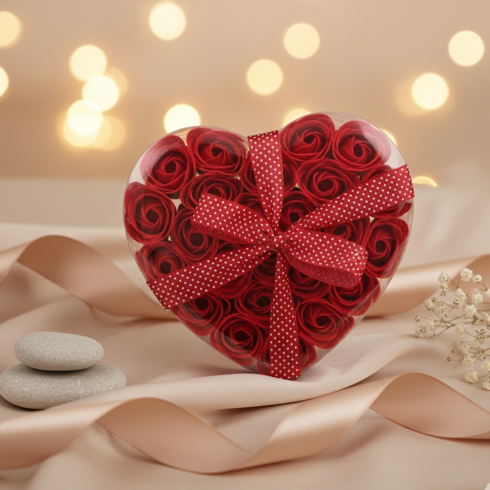 Set de 24 rosas de jabón rojas en caja corazón para baño romántico y regalo especial