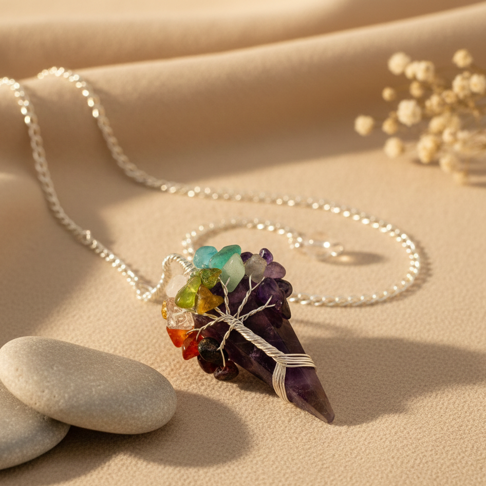 Péndulo mágico Siete Chakras de amatista para radiestesia y bienestar espiritual