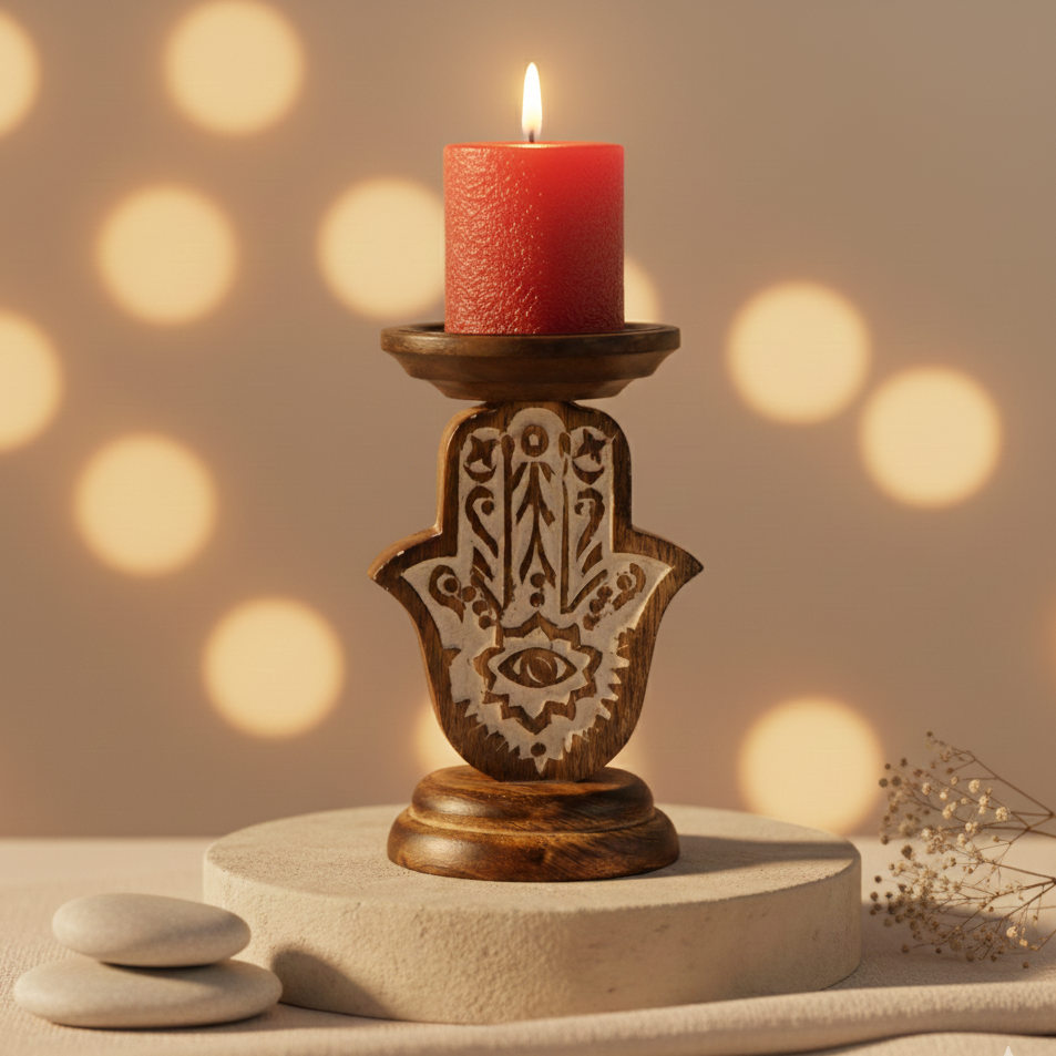 Candelabro Hamsa de madera de mango 18 cm para velas y altares de protección
