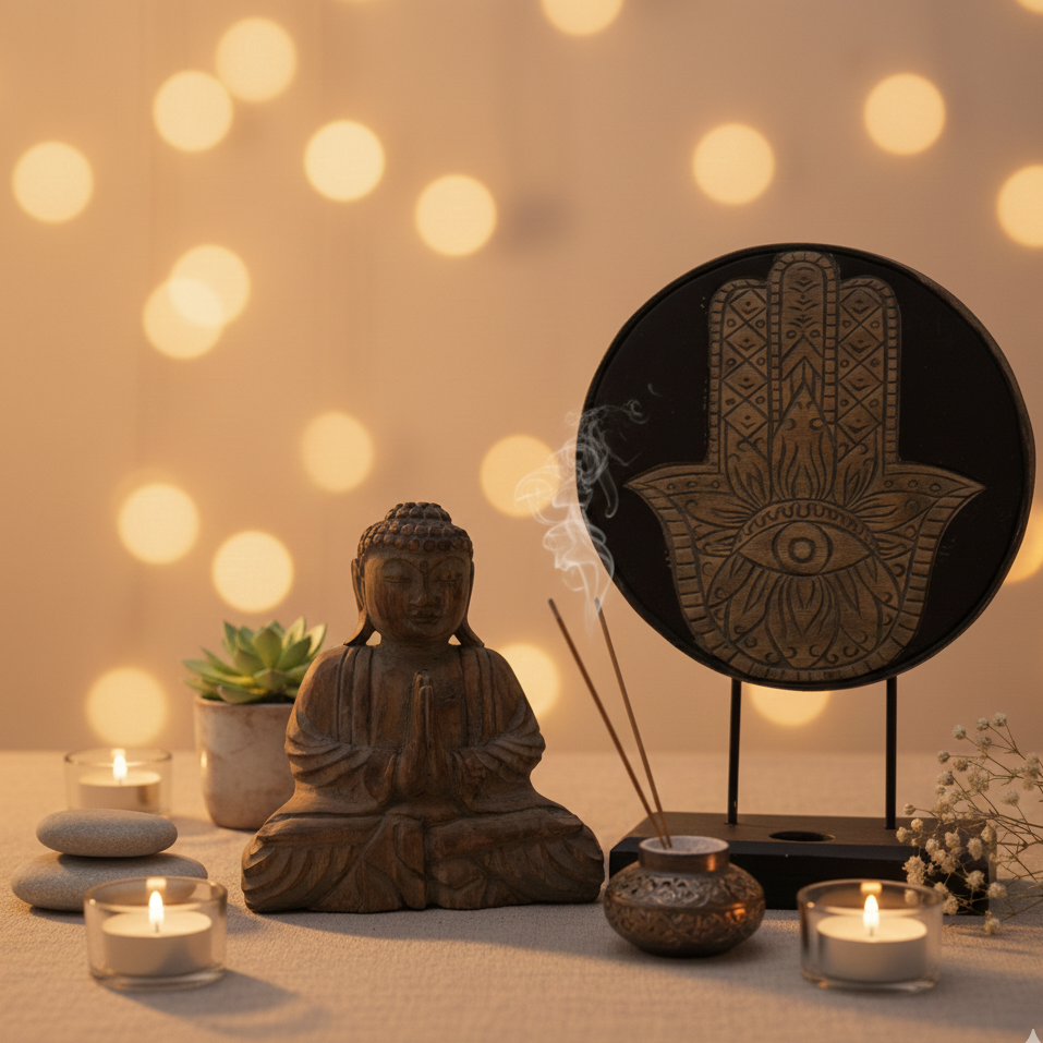 Set Feng Shui Buda y Hamsa gris de madera sostenible