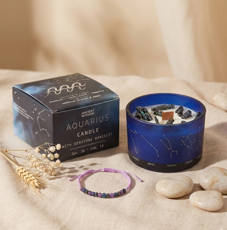 Vela de cristal del zodiaco Acuario de soja con pulsera de piedras preciosas