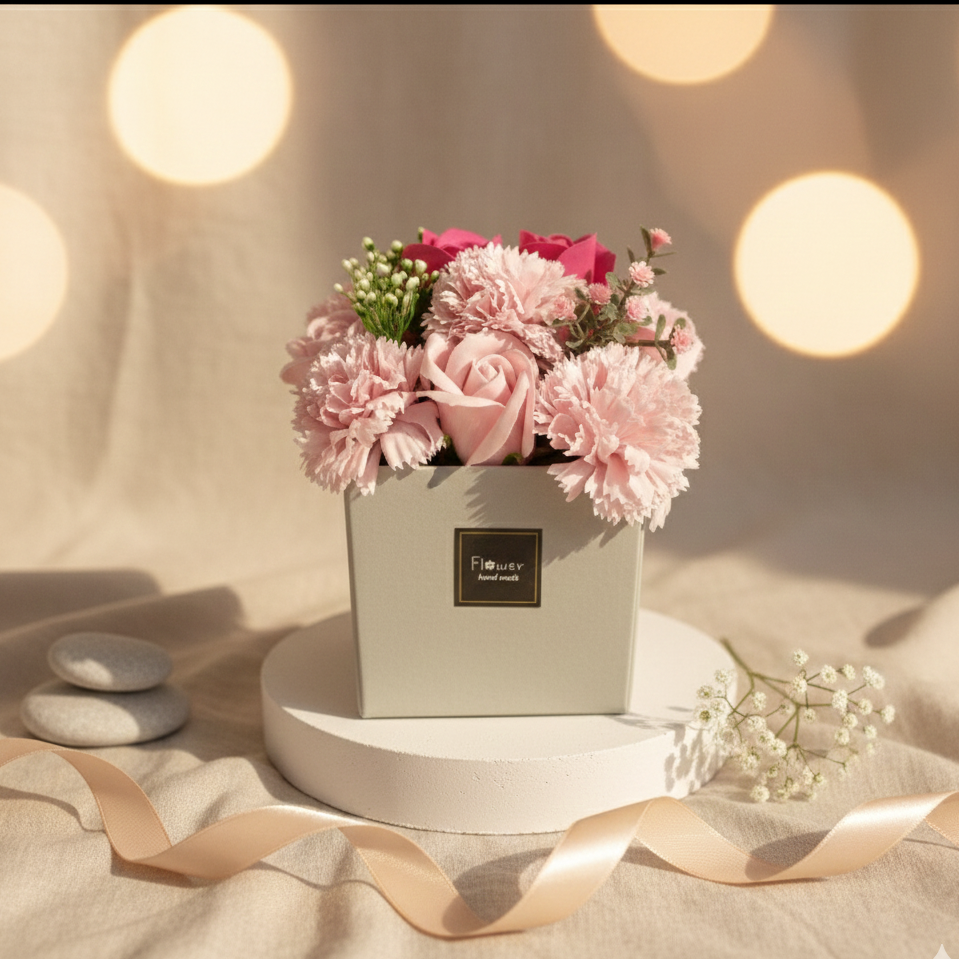 Ramo de flores de jabón rosas de color rosa y clavel en caja regalo para baño romántico