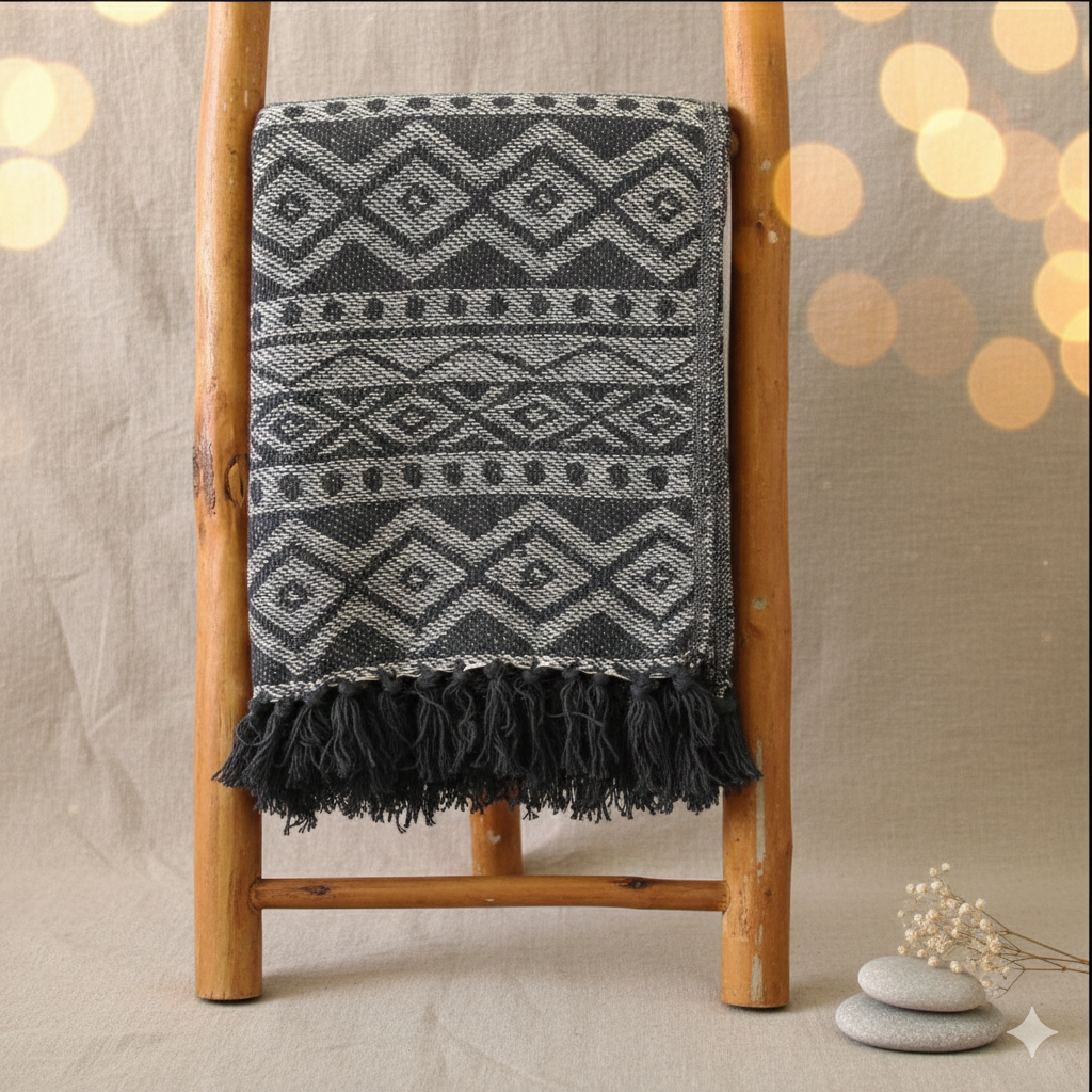 Manta Boho Confort gris geométrica hecha a mano y 100% algodón 125x150 cm