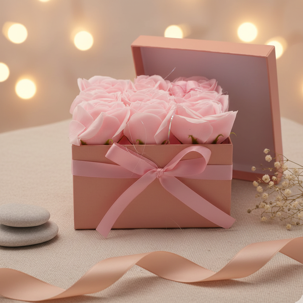 Caja regalo con 9 rosas de jabón rosa en caja cuadrada para baño relajante y detalle especial
