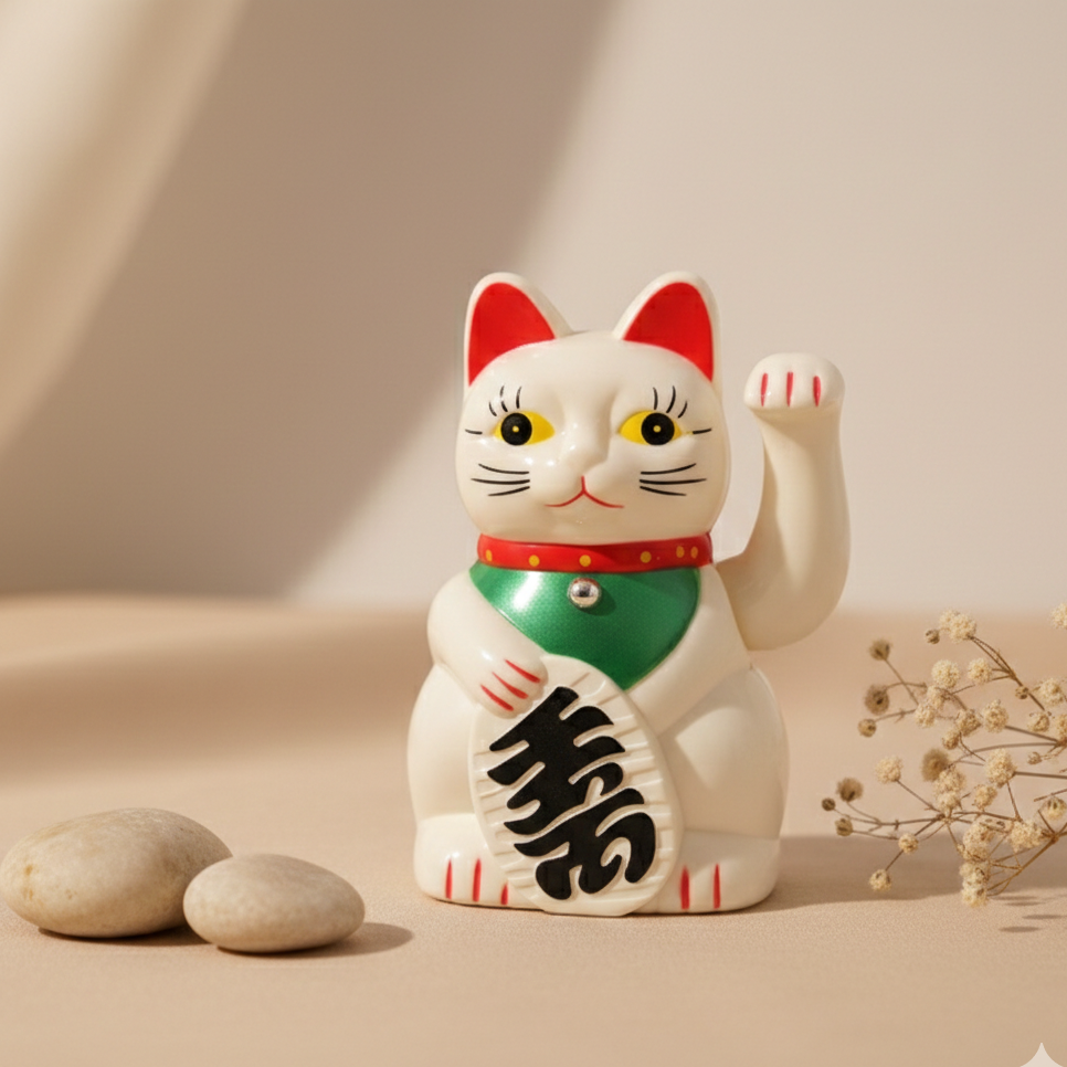 Gato de la Suerte Blanco Maneki Neko de Abundancia y Prosperidad