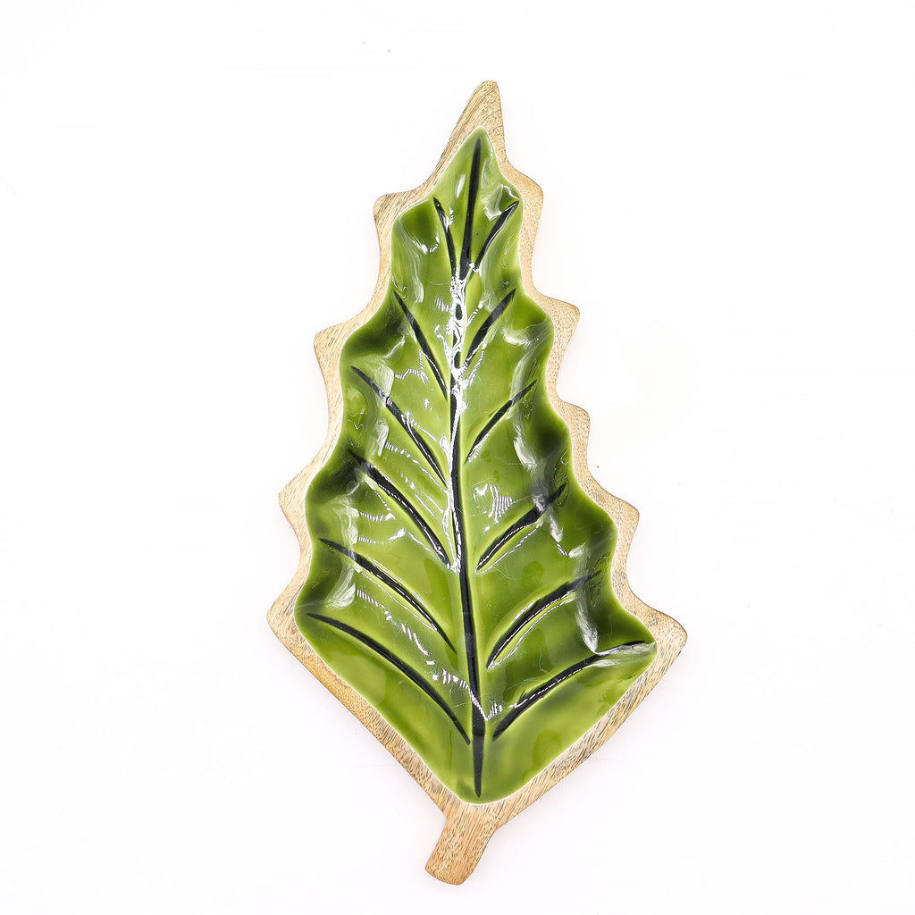 Tazón de madera de mango en forma de hoja verde para decoración de mesa