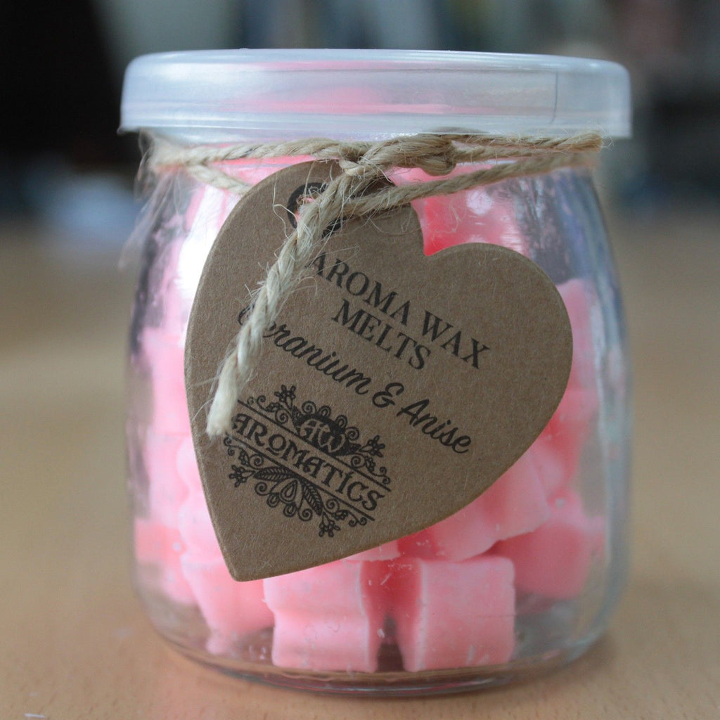 Tabletas de cera aromáticas en corazones de soja geranio y anís en frasco de vidrio
