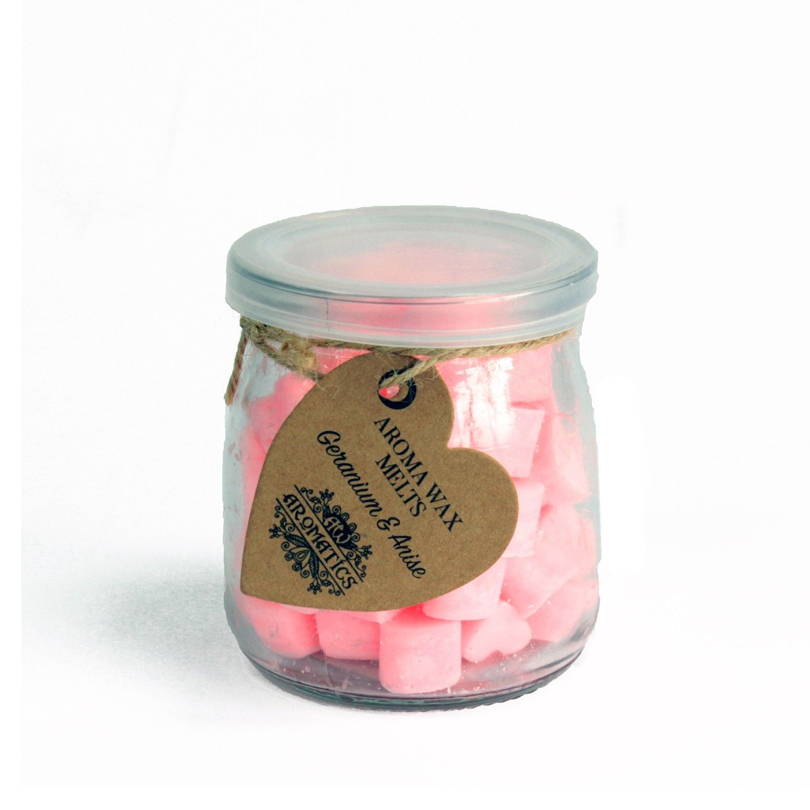 Tabletas de cera aromáticas en corazones de soja geranio y anís en frasco de vidrio