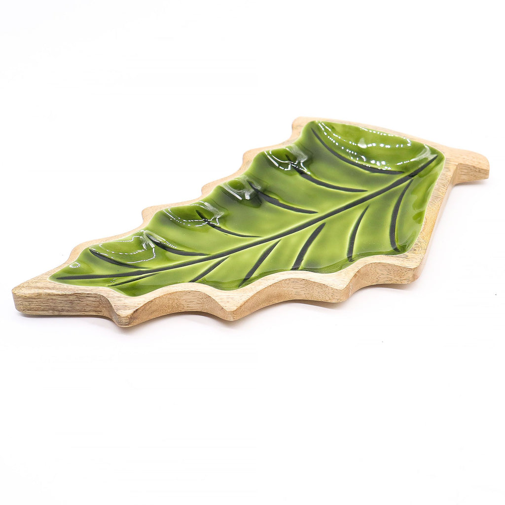 Tazón de madera de mango en forma de hoja verde para decoración de mesa
