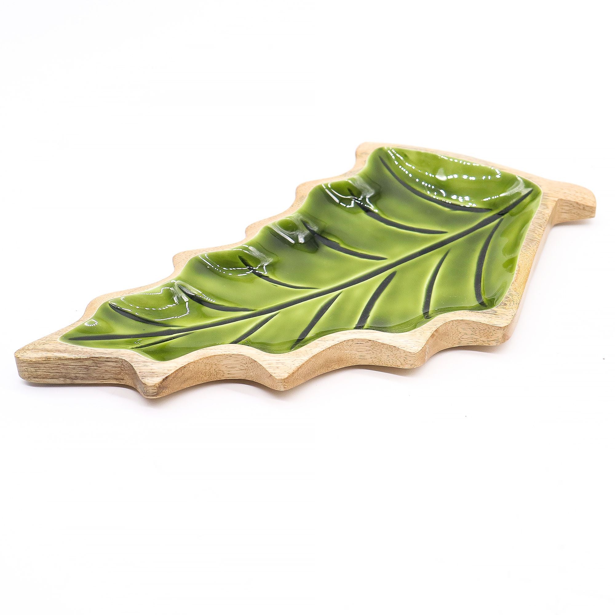 Tazón de madera de mango en forma de hoja verde para decoración de mesa