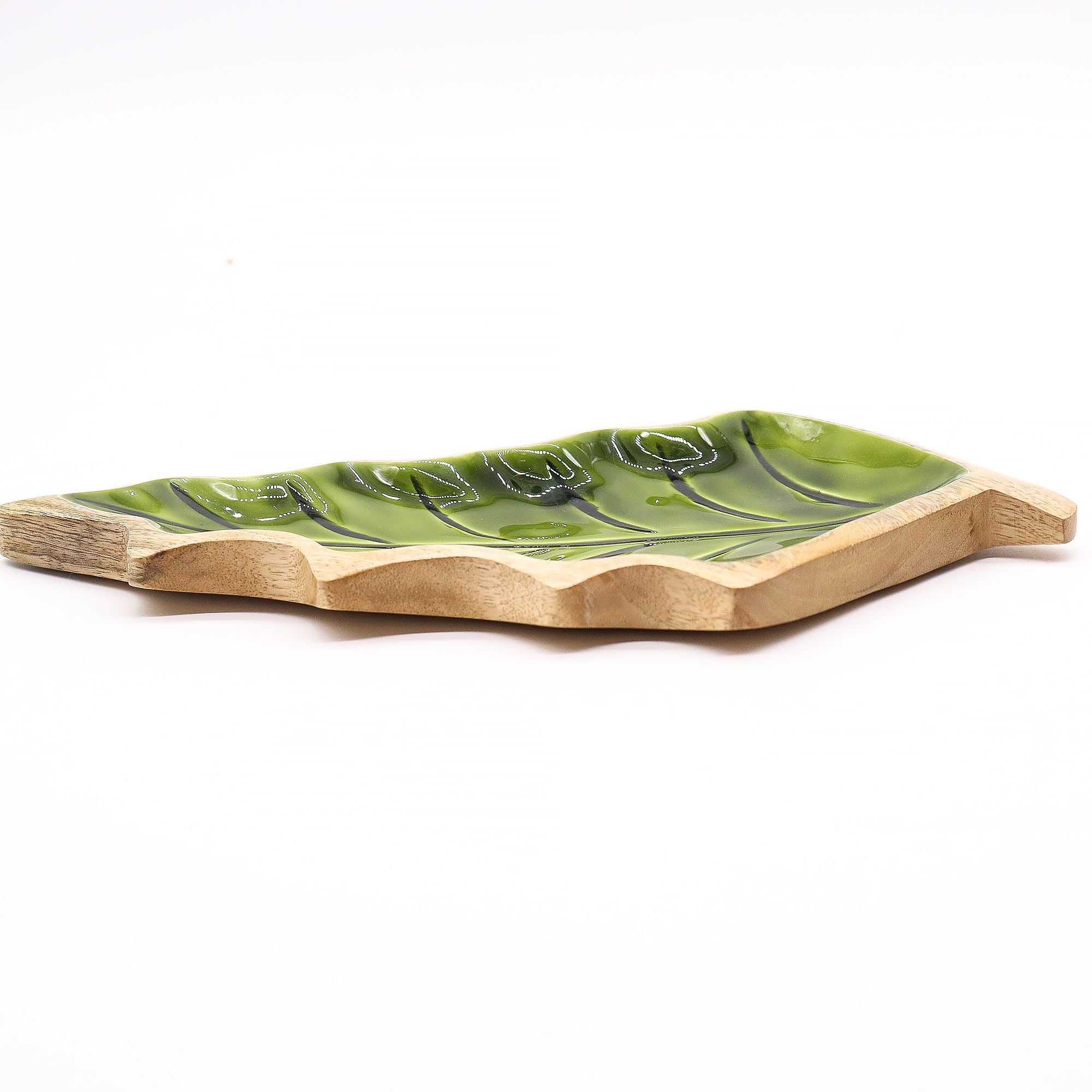 Tazón de madera de mango en forma de hoja verde para decoración de mesa