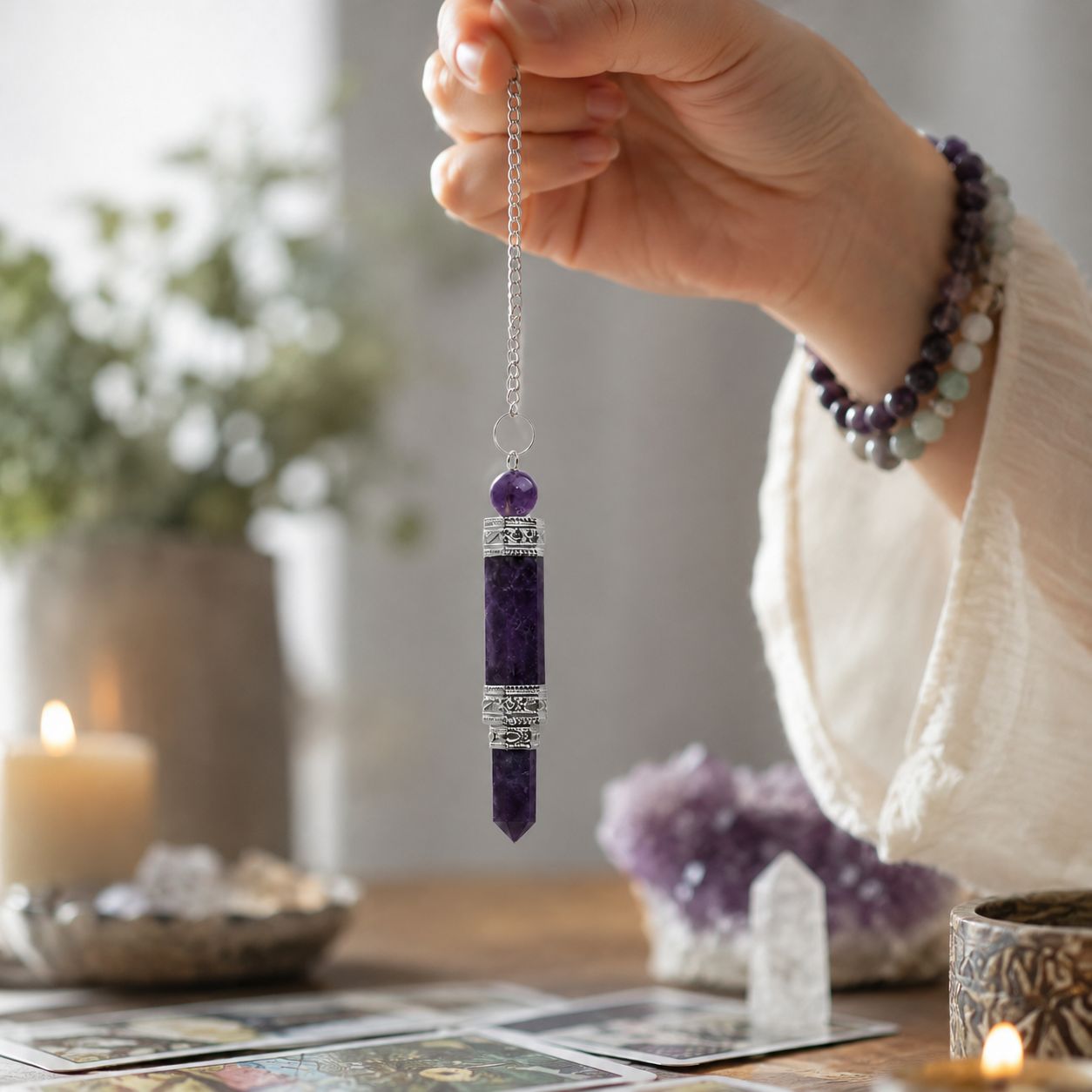 Péndulo de Amatista Natural de Tres Piezas para Radiestesia y Meditación