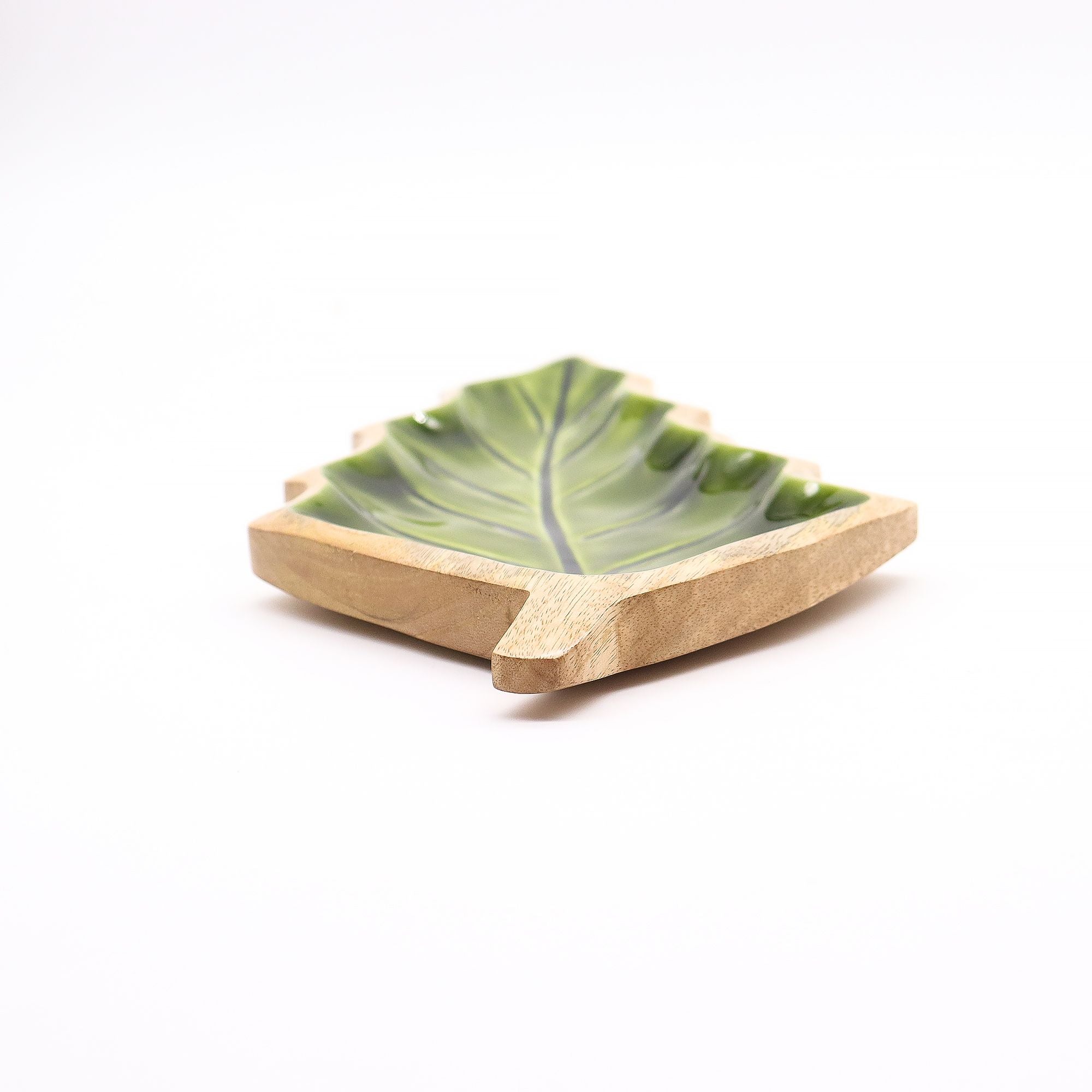 Tazón de madera de mango en forma de hoja verde para decoración de mesa