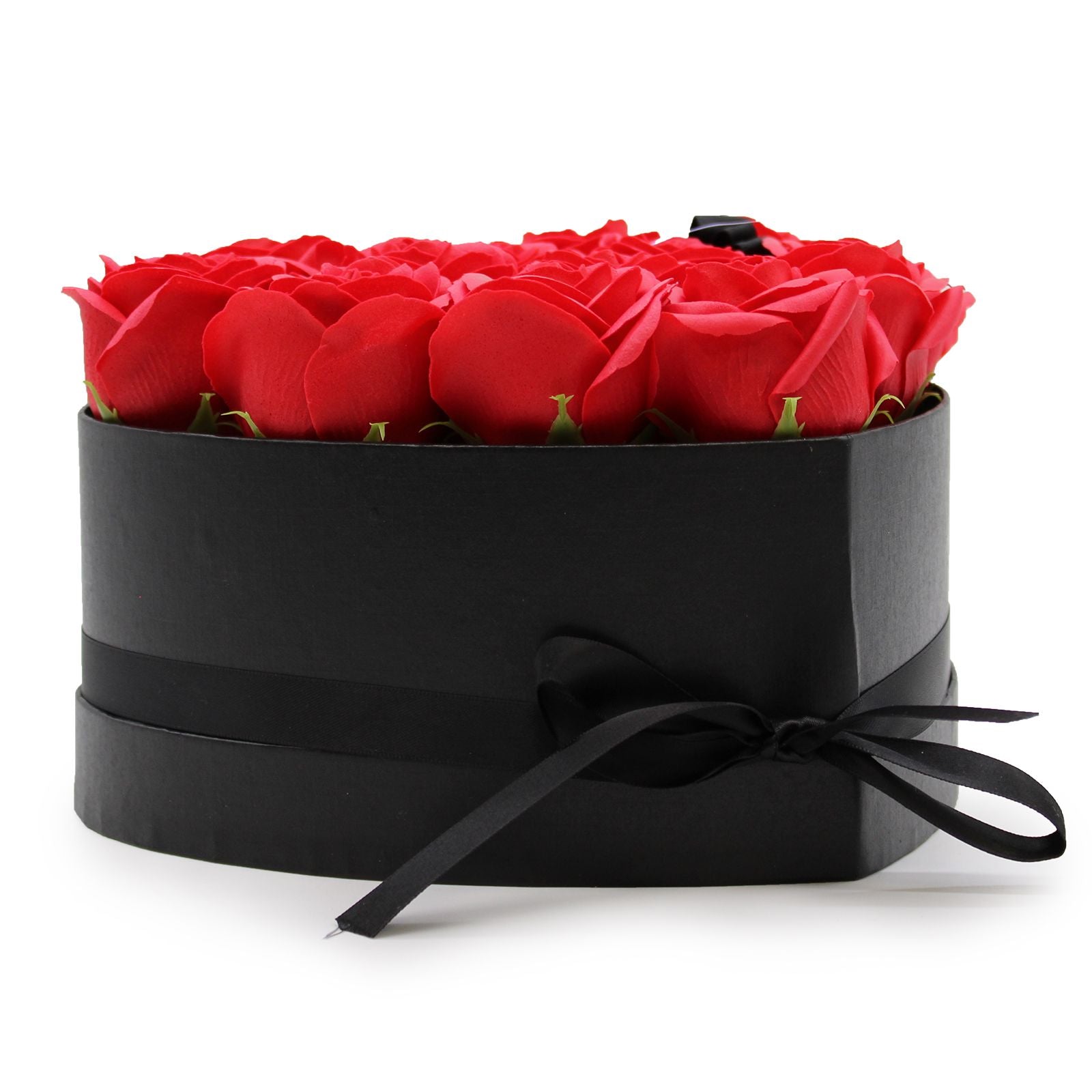Caja corazón negra con 13 rosas de jabón rojas para baño romántico y regalo elegante
