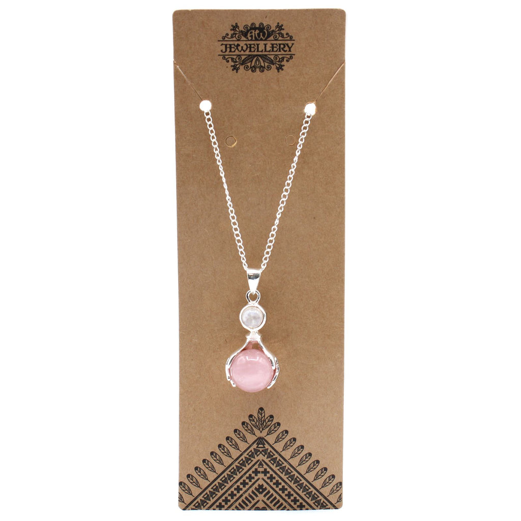 Colgante Artesanal de Cuarzo Rosa Natural con Cadena Plateada