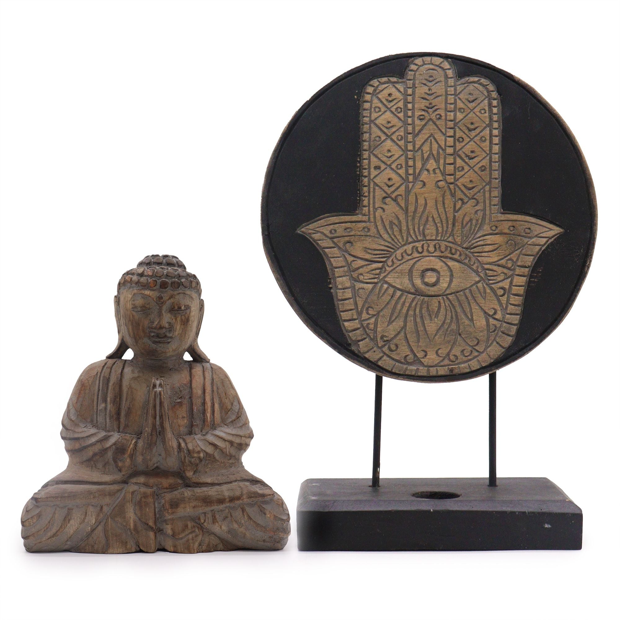 Set Feng Shui Buda y Hamsa gris de madera sostenible